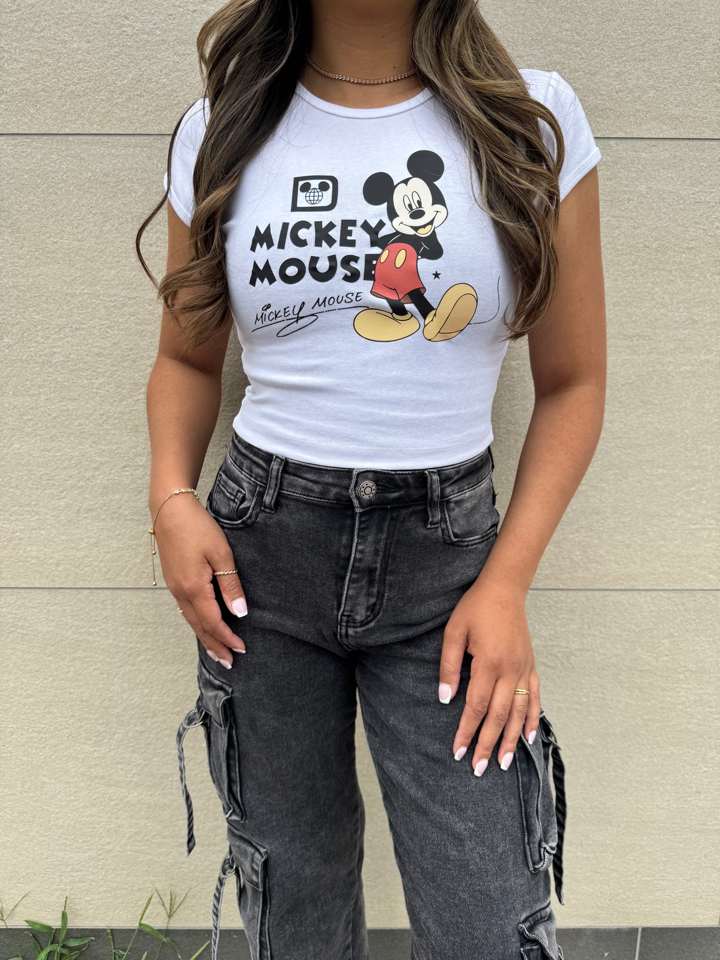 Mickey Baby Rib Crop Tee- White