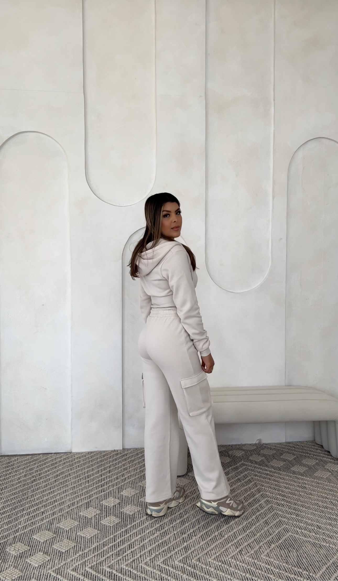 Essential two piece set, straight leg, adjustable zip up hoodie- Sand