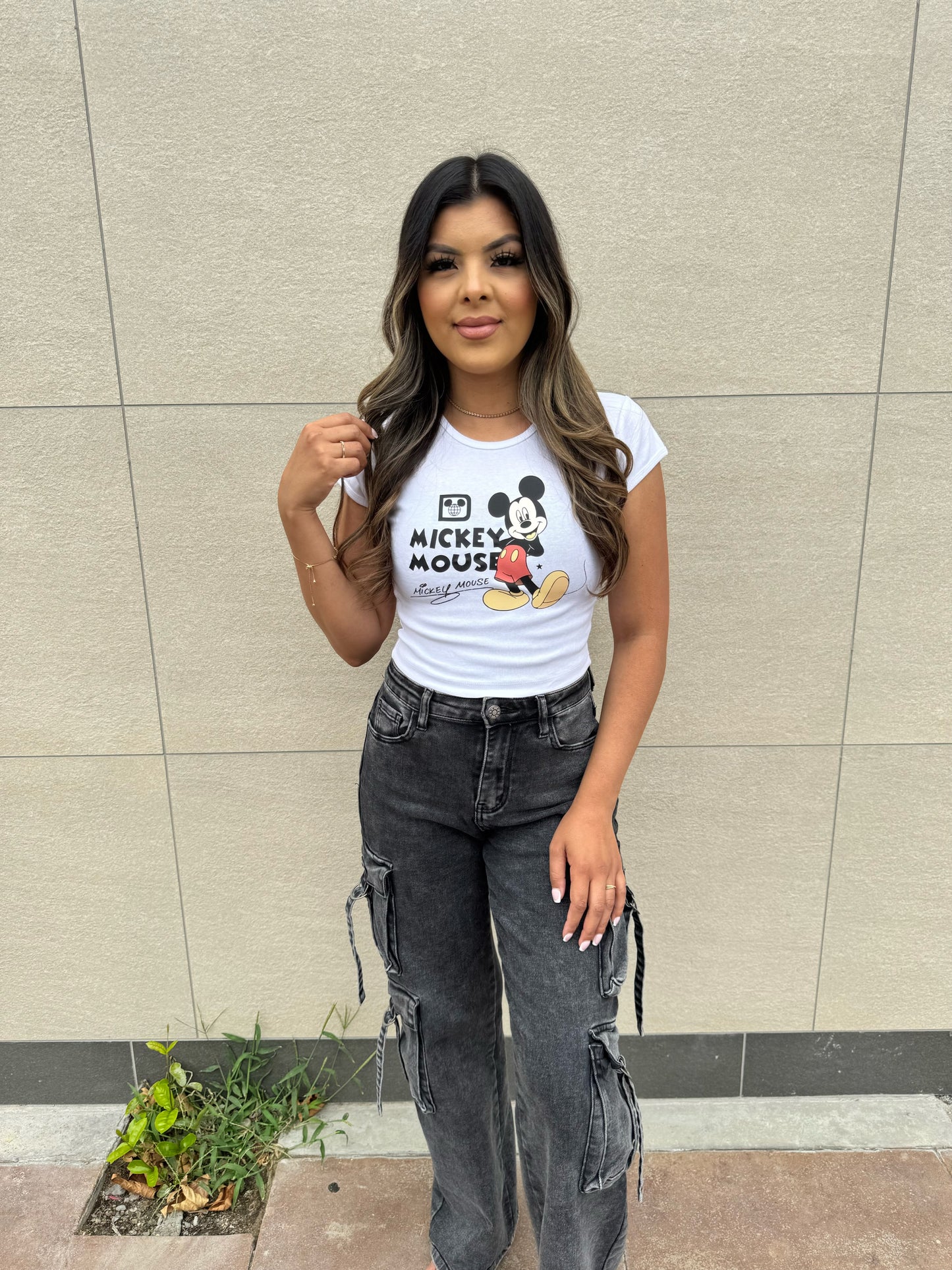 Mickey Baby Rib Crop Tee- White