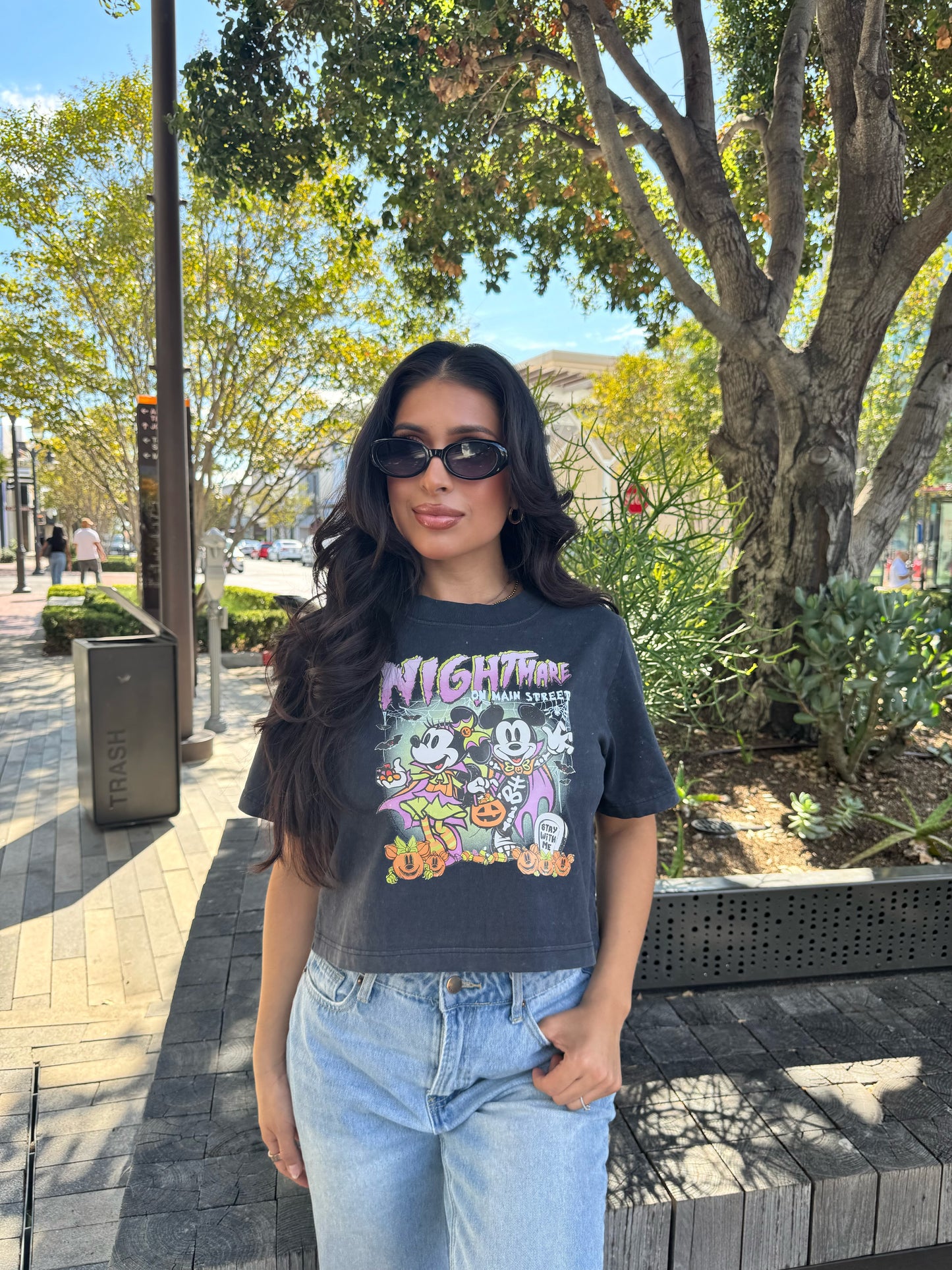 Nightmare on Main Street Minnie & Mickey crop tee acid wash