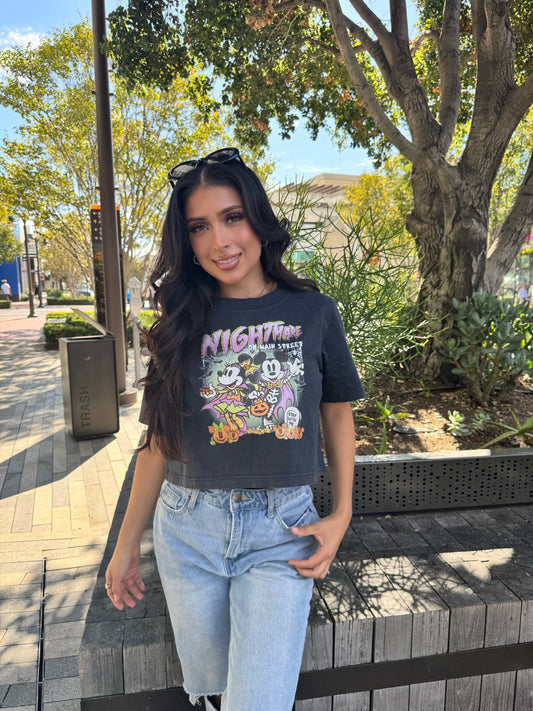 Nightmare on Main Street Minnie & Mickey crop tee acid wash