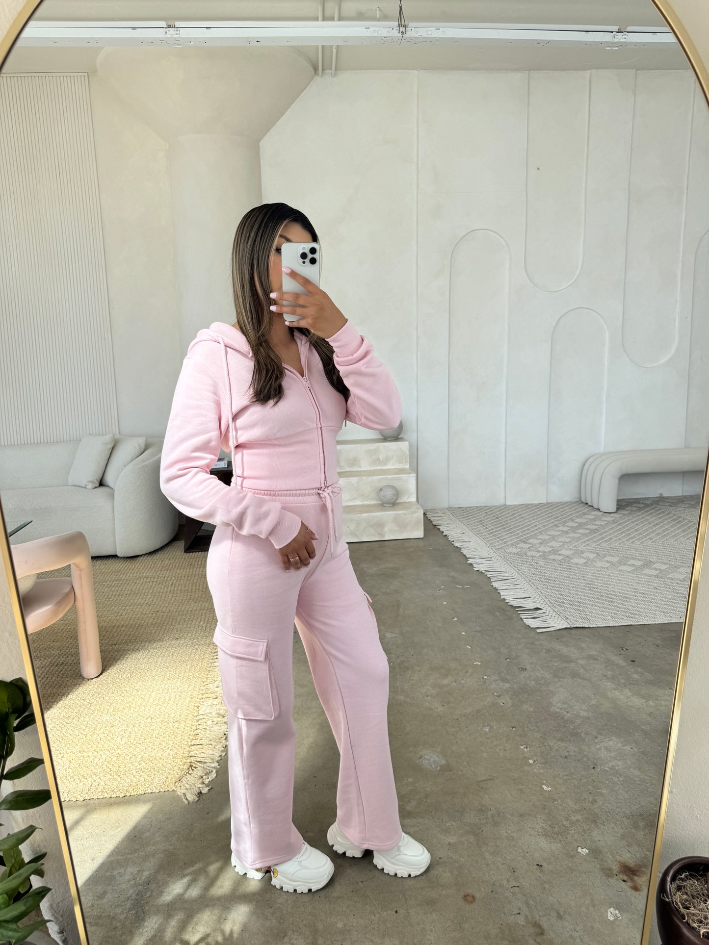 Essential two piece set, straight leg, adjustable zip up hoodie- Pink