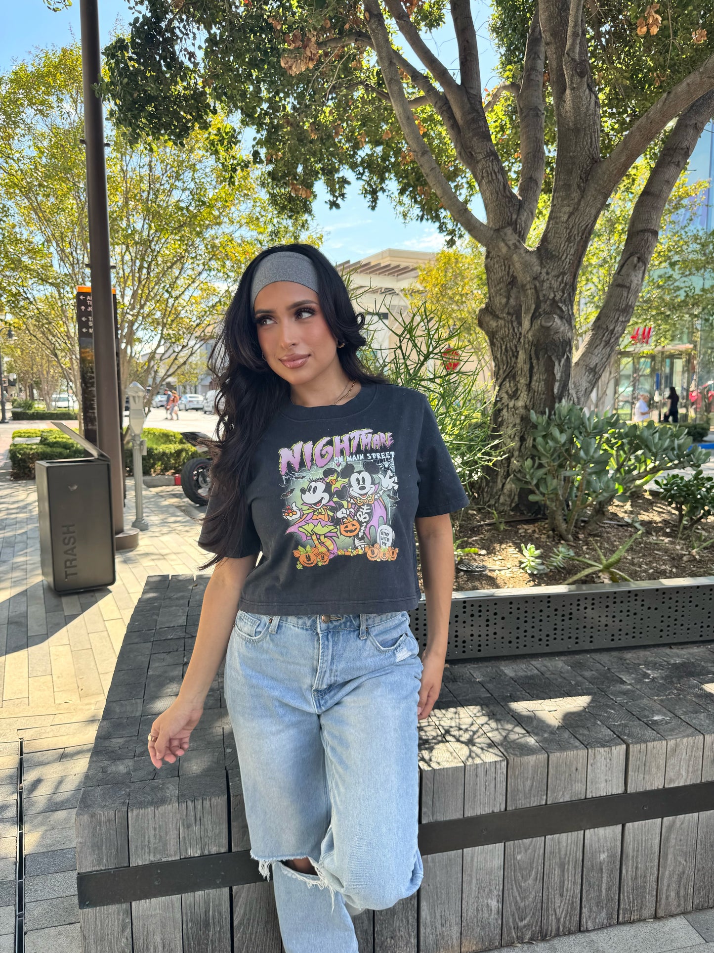 Nightmare on Main Street Minnie & Mickey crop tee acid wash