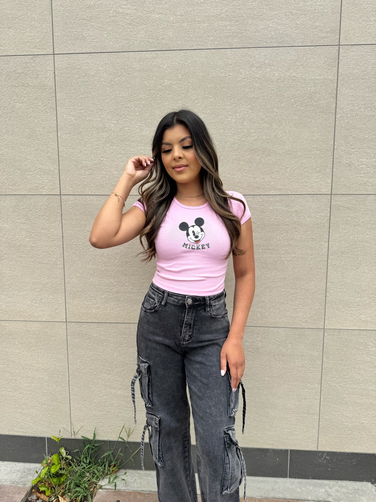 Mickey Baby Rib Crop Tee- Pink